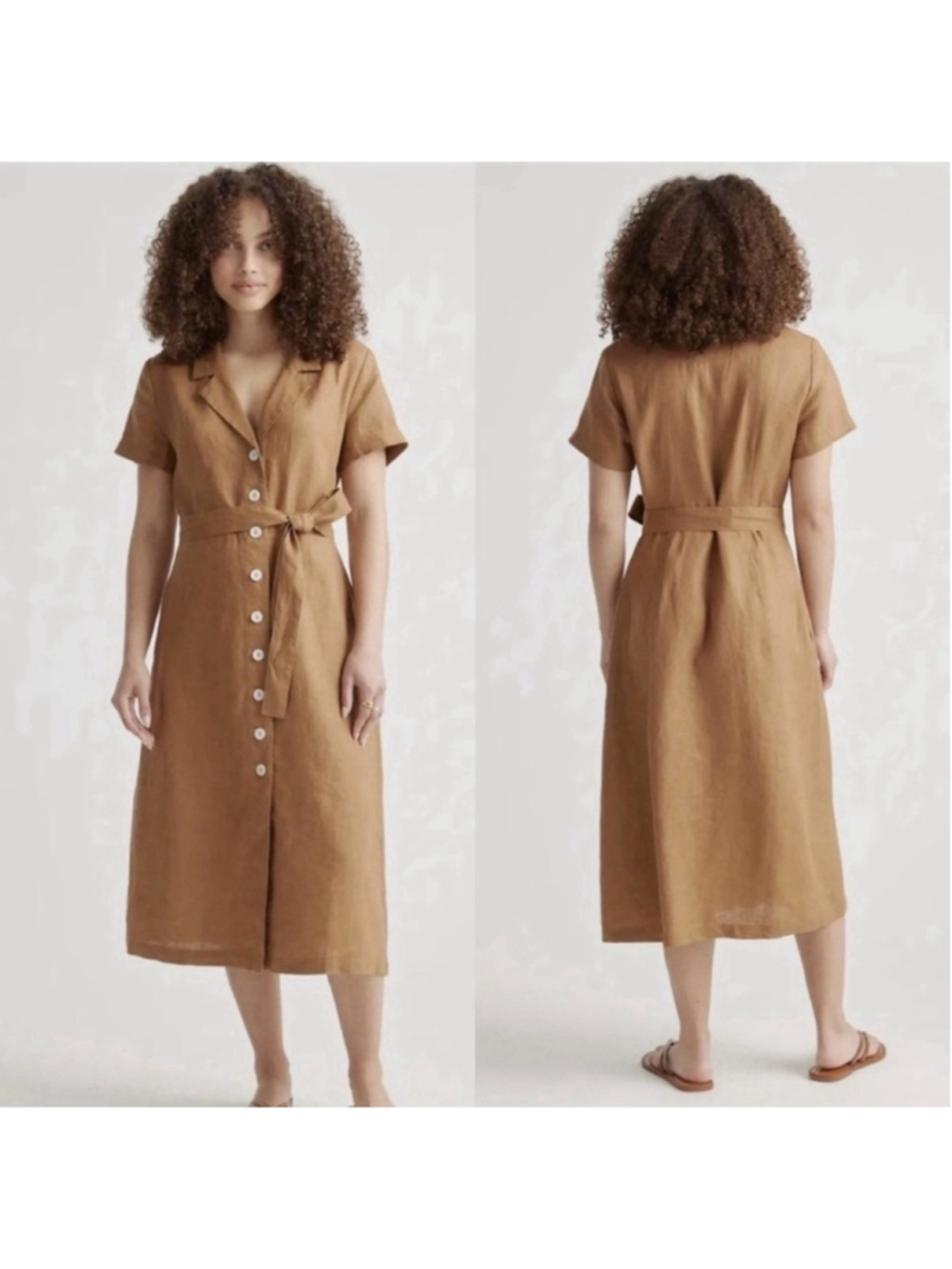 Quince 100% European Linen Button Front Midi Dress MED NWT Brown Beach Boho Belt